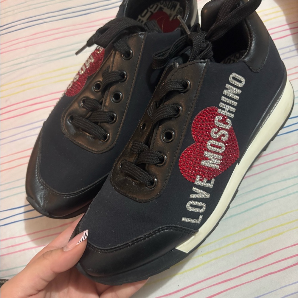 Moschino Black Sneakers with Red Heart Detail